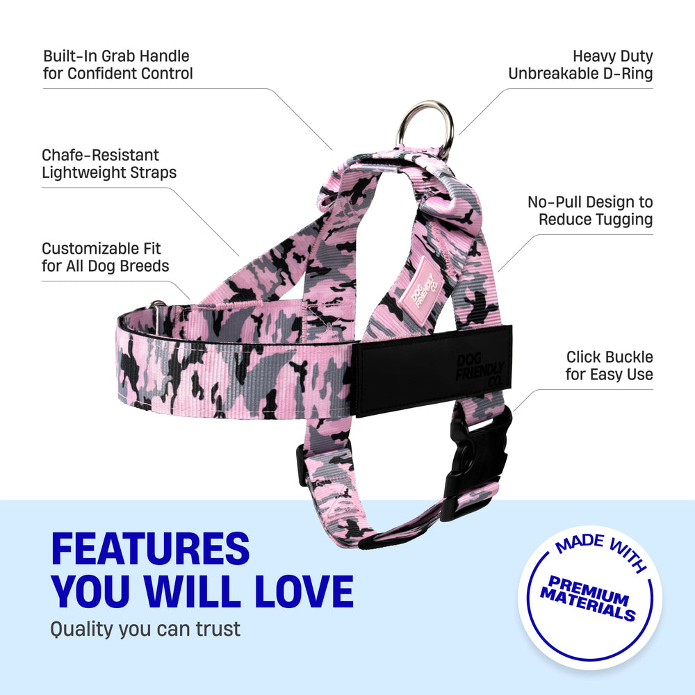 Dog Friendly Co Pink Camo Harness with easy clip-on design for quick on-off.
