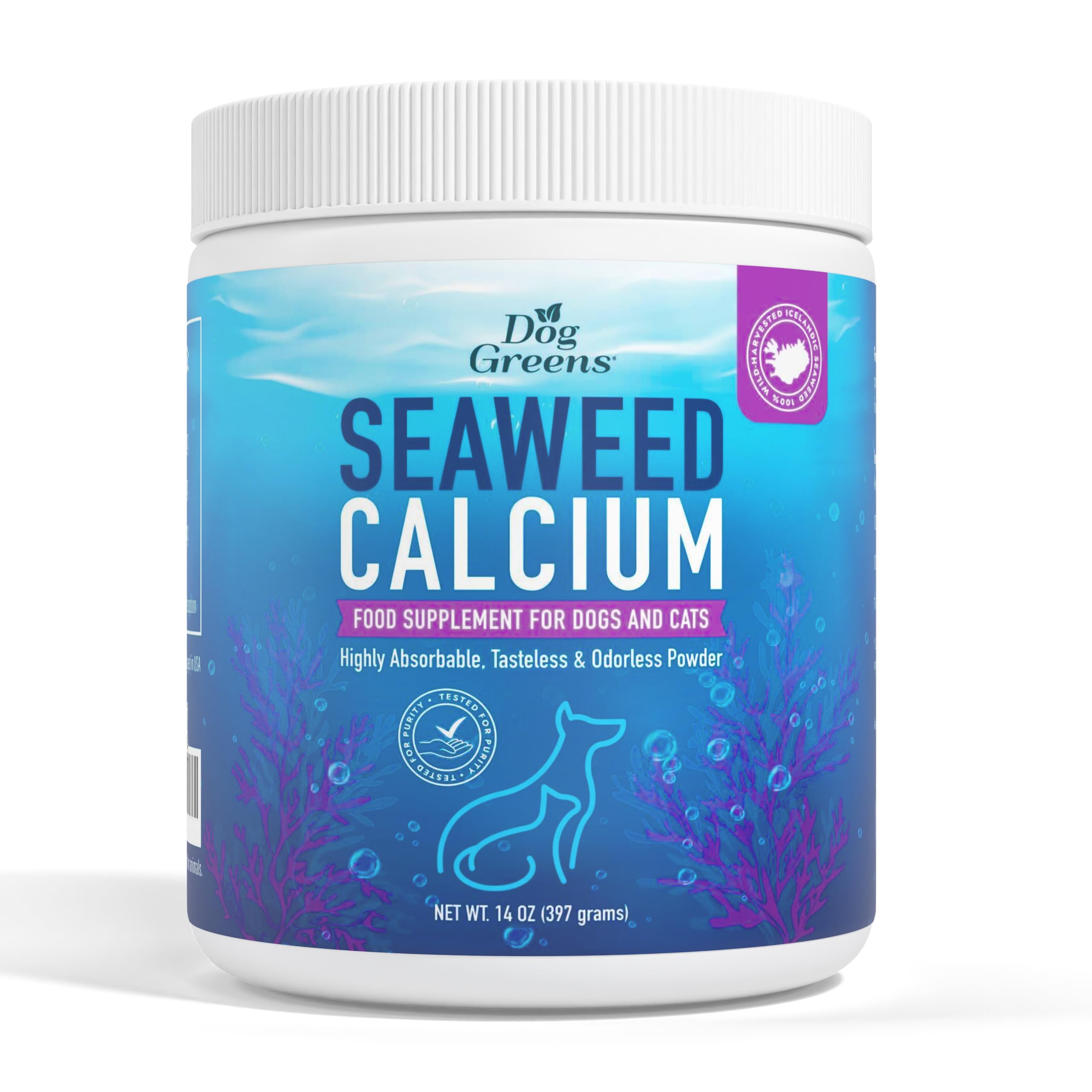 Dog Greens Seaweed Calcium bottle showing a pure calcium source for pets.