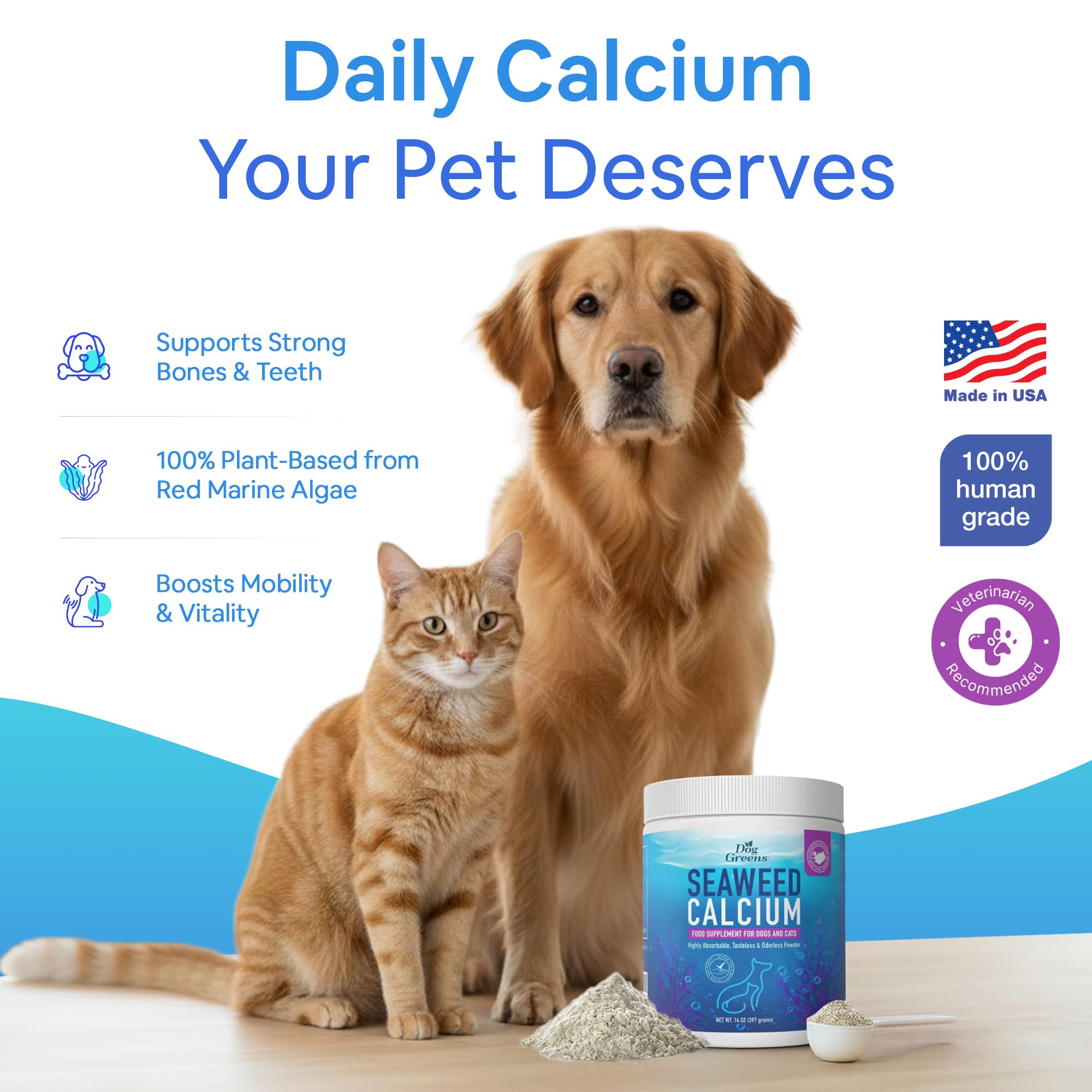 Dog Greens Seaweed Calcium scoop blended into pet food for easy supplementation.