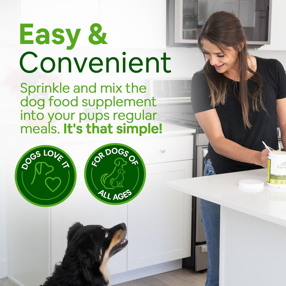 Organic spirulina and kelp ingredients in Dog Greens for vitality.