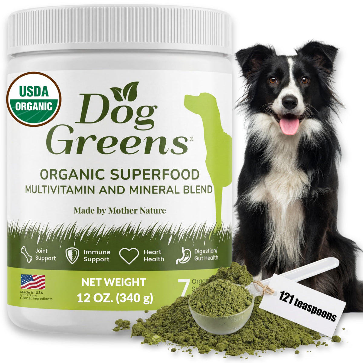 Dog Greens superfood powder packaging ready for healthy dog meals.