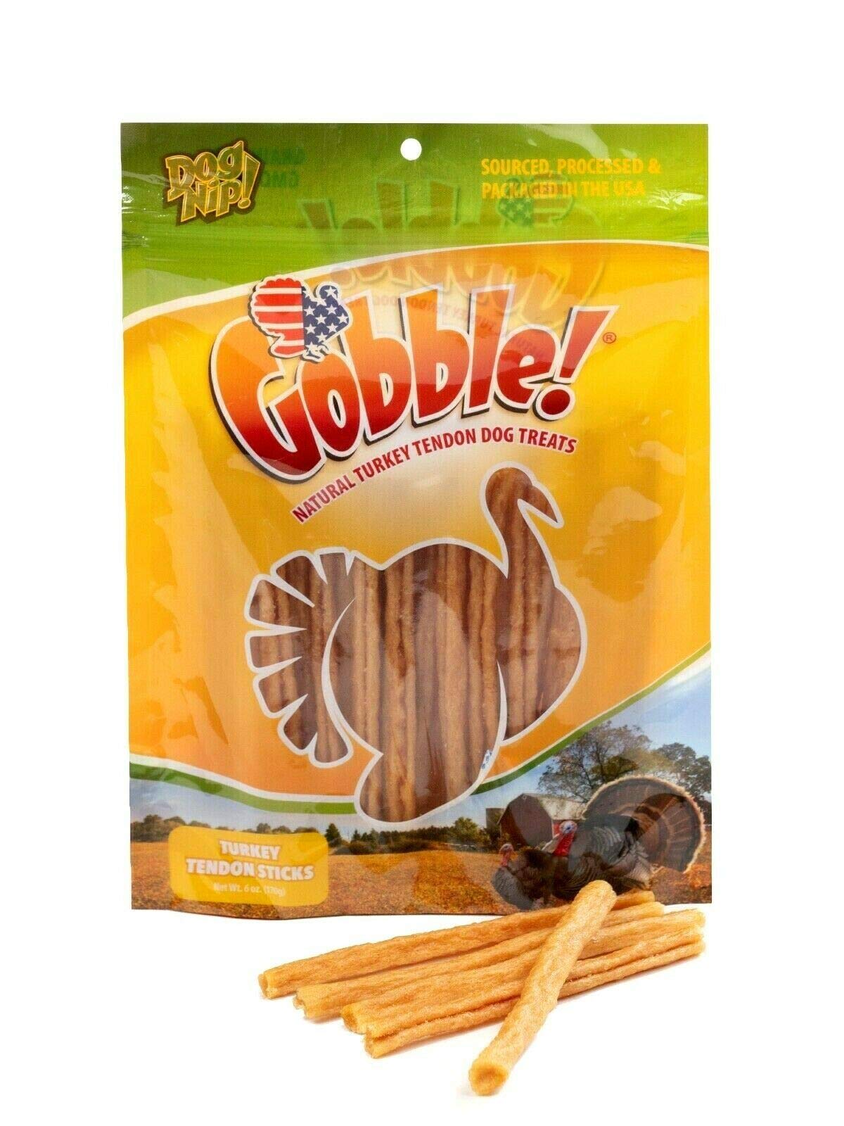 Dog Nip Gobble turkey tendon bag front showcases USA-made chews.