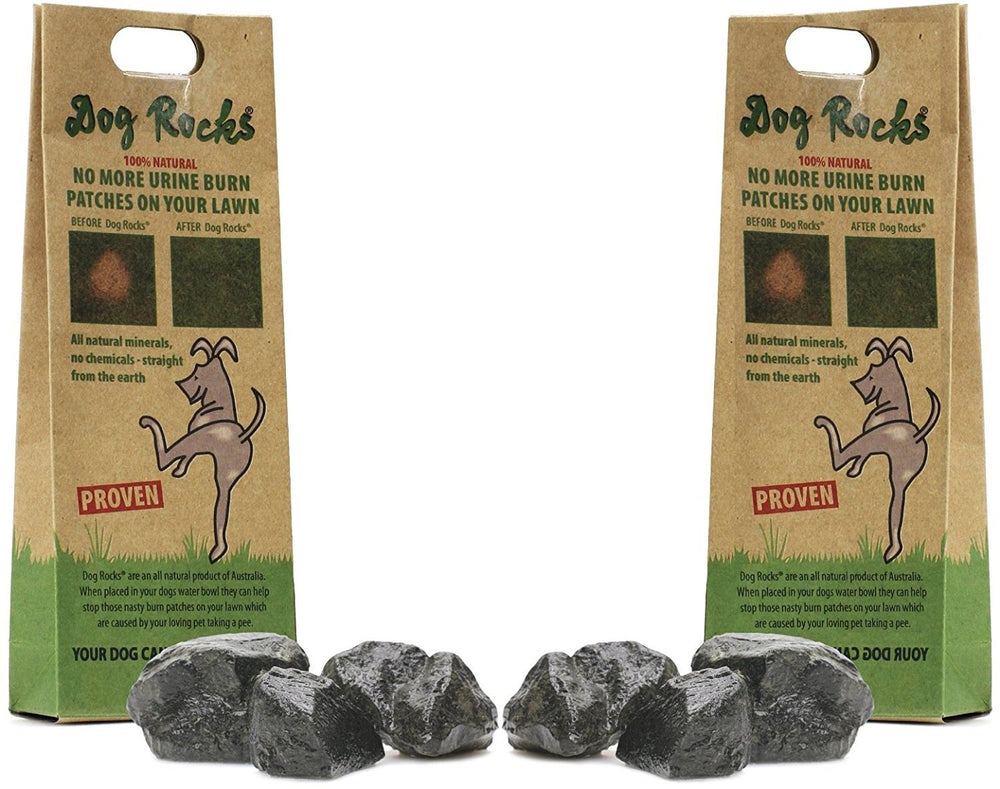 Dog Rocks pack for urine-patch prevention in lawn to support greener grass.