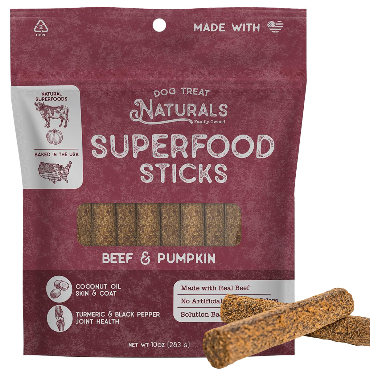 Dog Treat Naturals beef-pumpkin sticks bag—premium USA-made rewards for training.