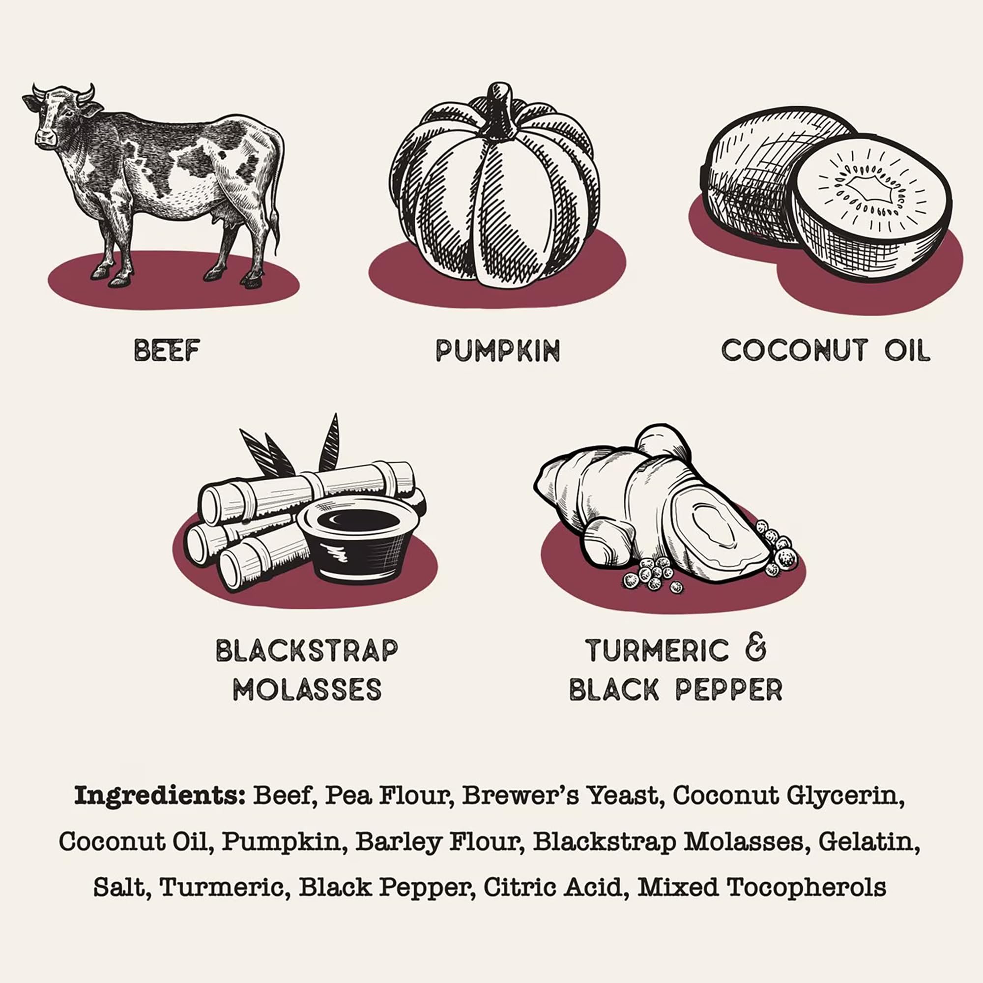 Close-up of ingredients on Dog Treat Naturals Sticks label: beef and pumpkin.