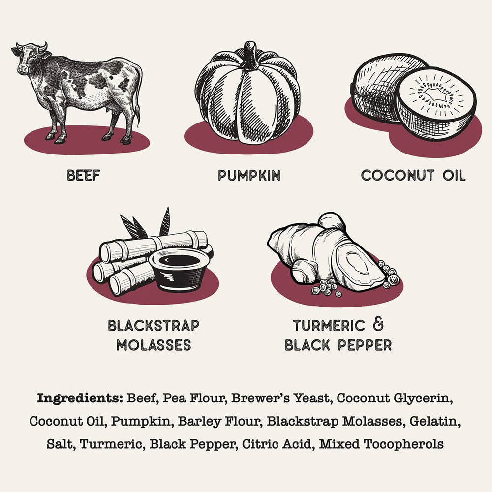 Close-up of ingredients on Dog Treat Naturals Sticks label: beef and pumpkin.