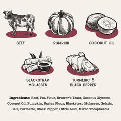 Close-up of ingredients on Dog Treat Naturals Sticks label: beef and pumpkin.
