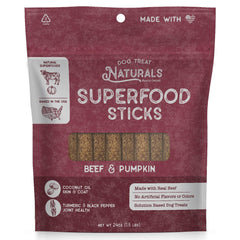 Dog Treat Naturals Superfood Sticks packaging shows USA-made recyclable bag.