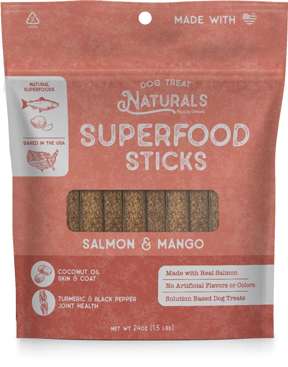 Dog Treat Naturals Superfood Sticks Salmon Mango packaging, ideal for training rewards.