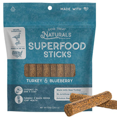 Dog Treat Naturals bag front featuring turkey and blueberry flavor for training rewards.