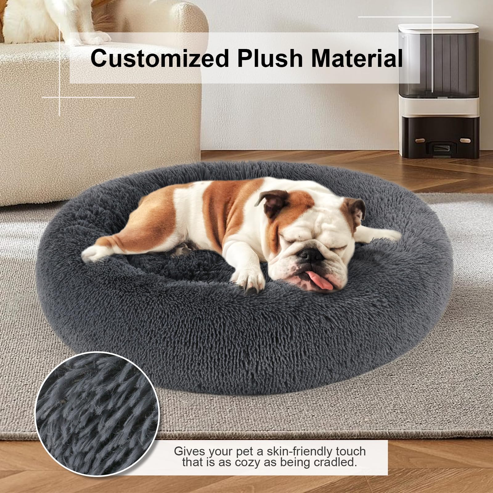 DogBaby Donut Bed full view shown in a living room.