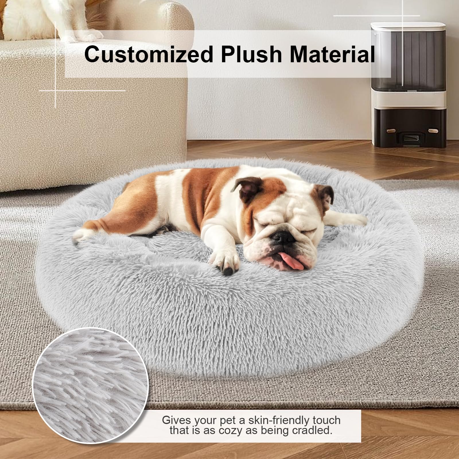 DogBaby Donut Bed in a living room shows a cozy retreat for pets.