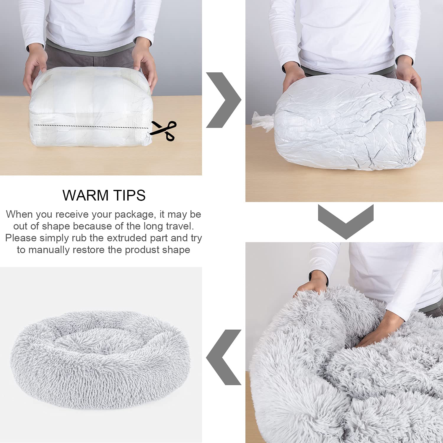 DogBaby Donut Bed warranty note highlights 1-year coverage and support.