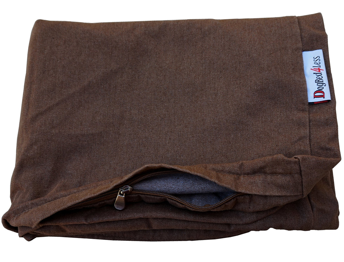 Dogbed4less denim external cover in brown with durable stitching for long-lasting use.
