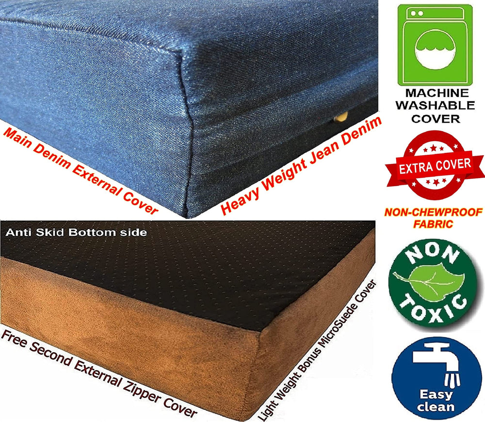 Removable navy denim cover on Dogbed4less bed ready for washing