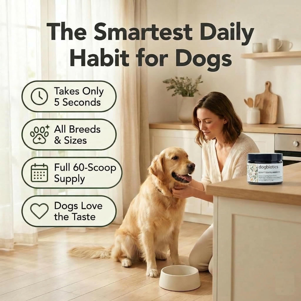Dogbiotics DE-01 dental powder daily-use image showing simple sprinkle on meals.