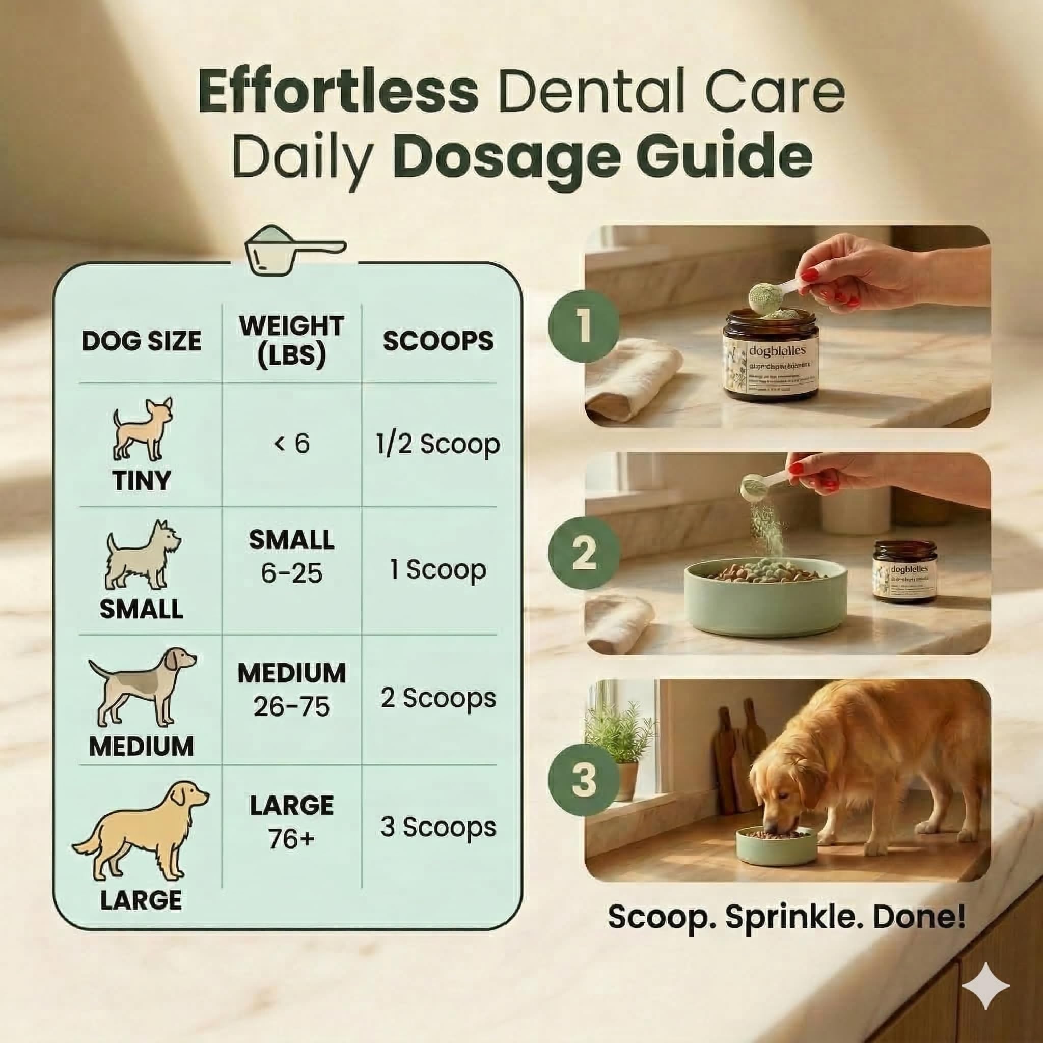 Dogbiotics DE-01 dental powder being sprinkled onto dog food for convenient oral care.