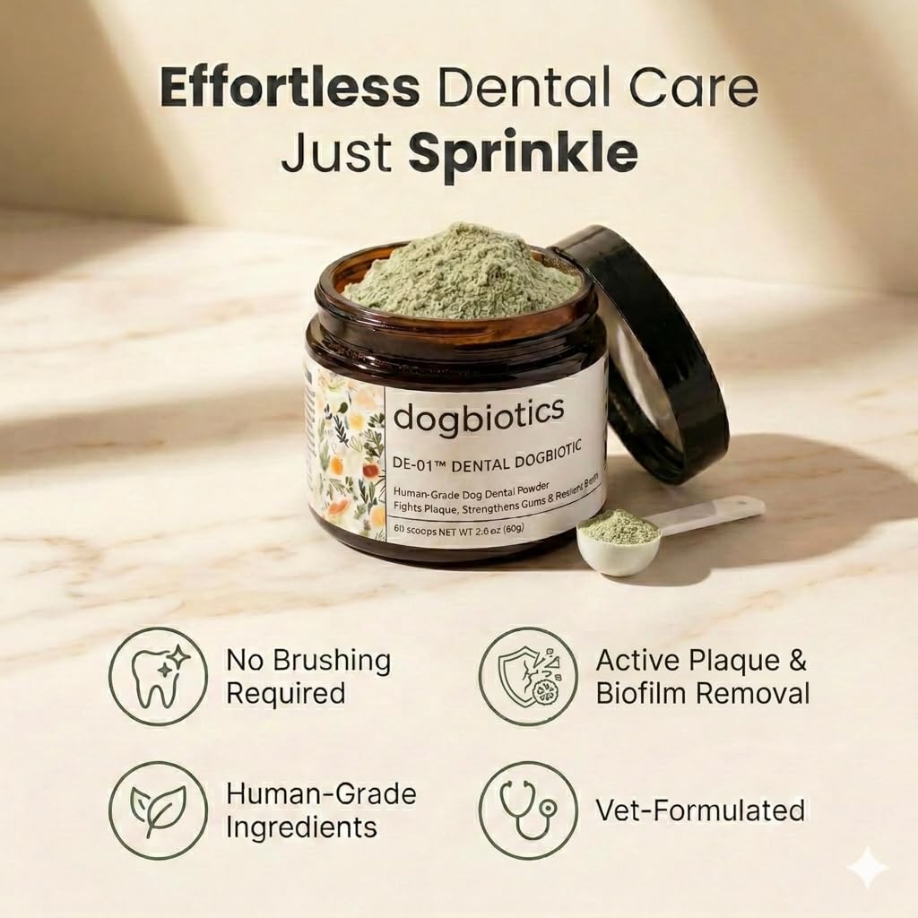 Dogbiotics DE-01 dental powder measuring scoop for easy daily dosing on dog food.