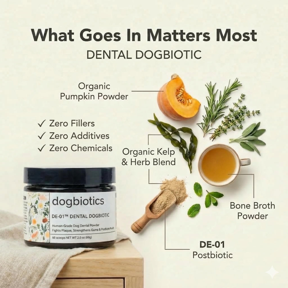 Dogbiotics DE-01 dental powder tub close-up highlighting vet-formulated quality for gum health.