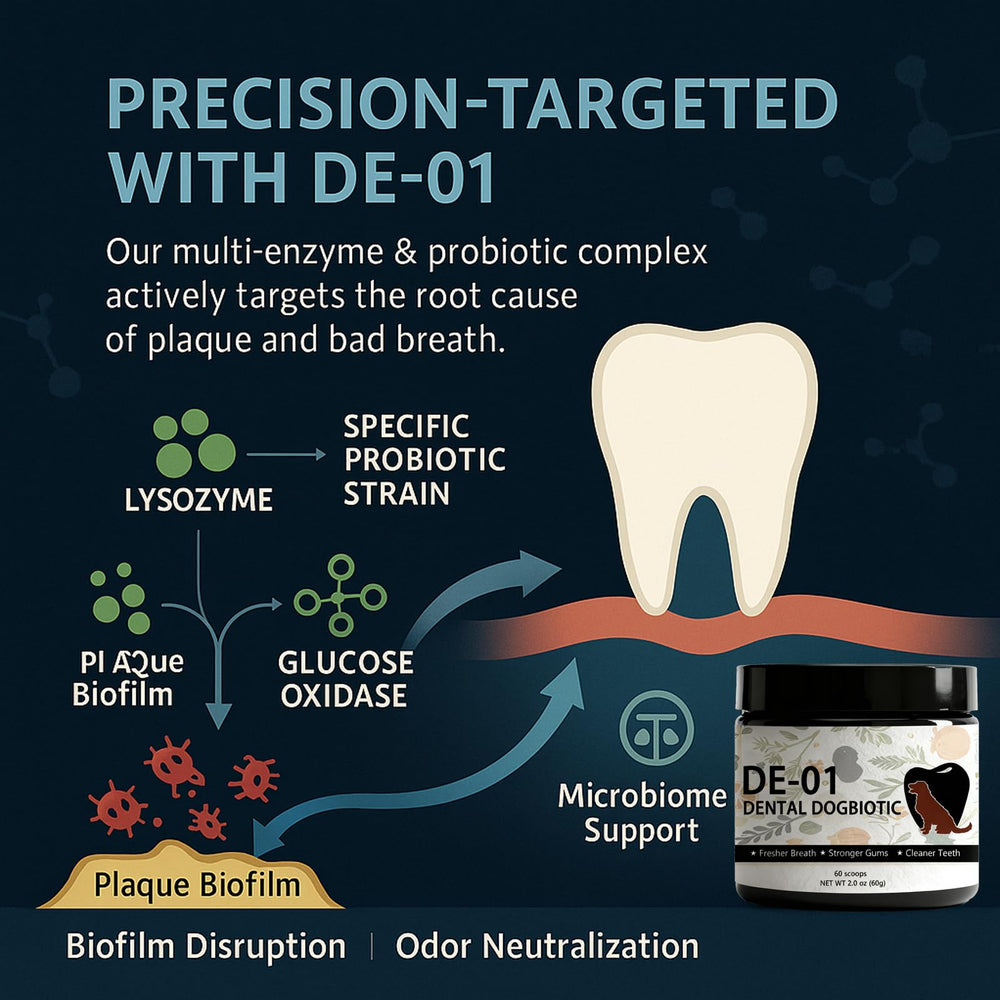 Dogbiotics Dental Powder DE-01 sprinkled on meals for convenient use