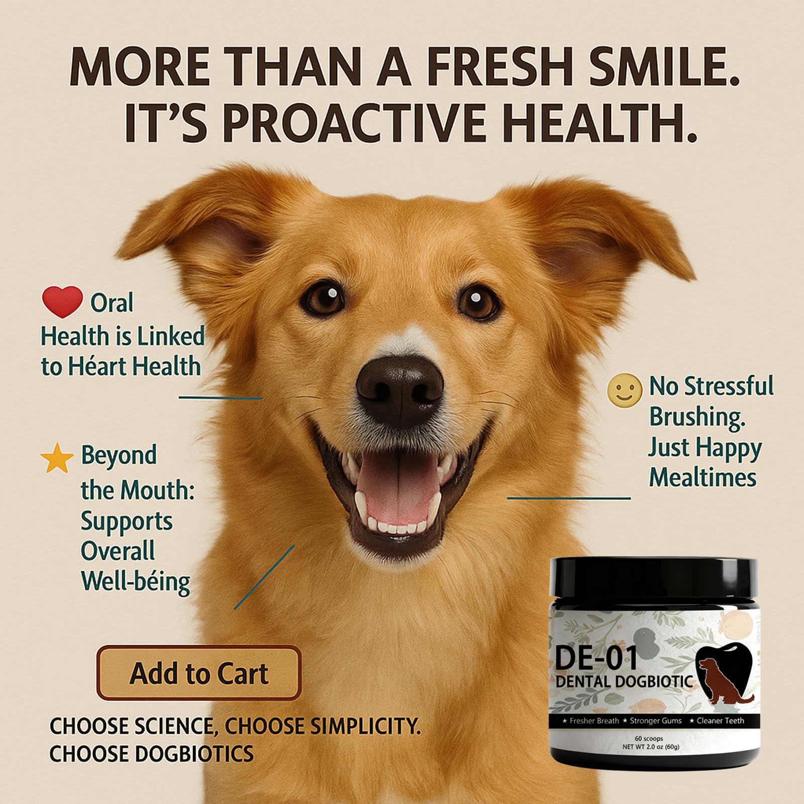 Dogbiotics Dental Powder DE-01 packaging label with natural ingredients