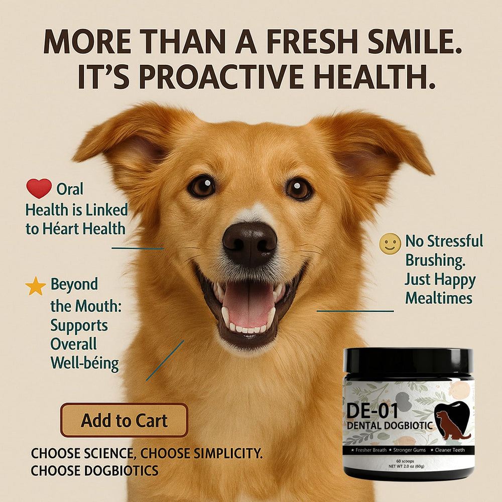 Dogbiotics Dental Powder DE-01 packaging label with natural ingredients