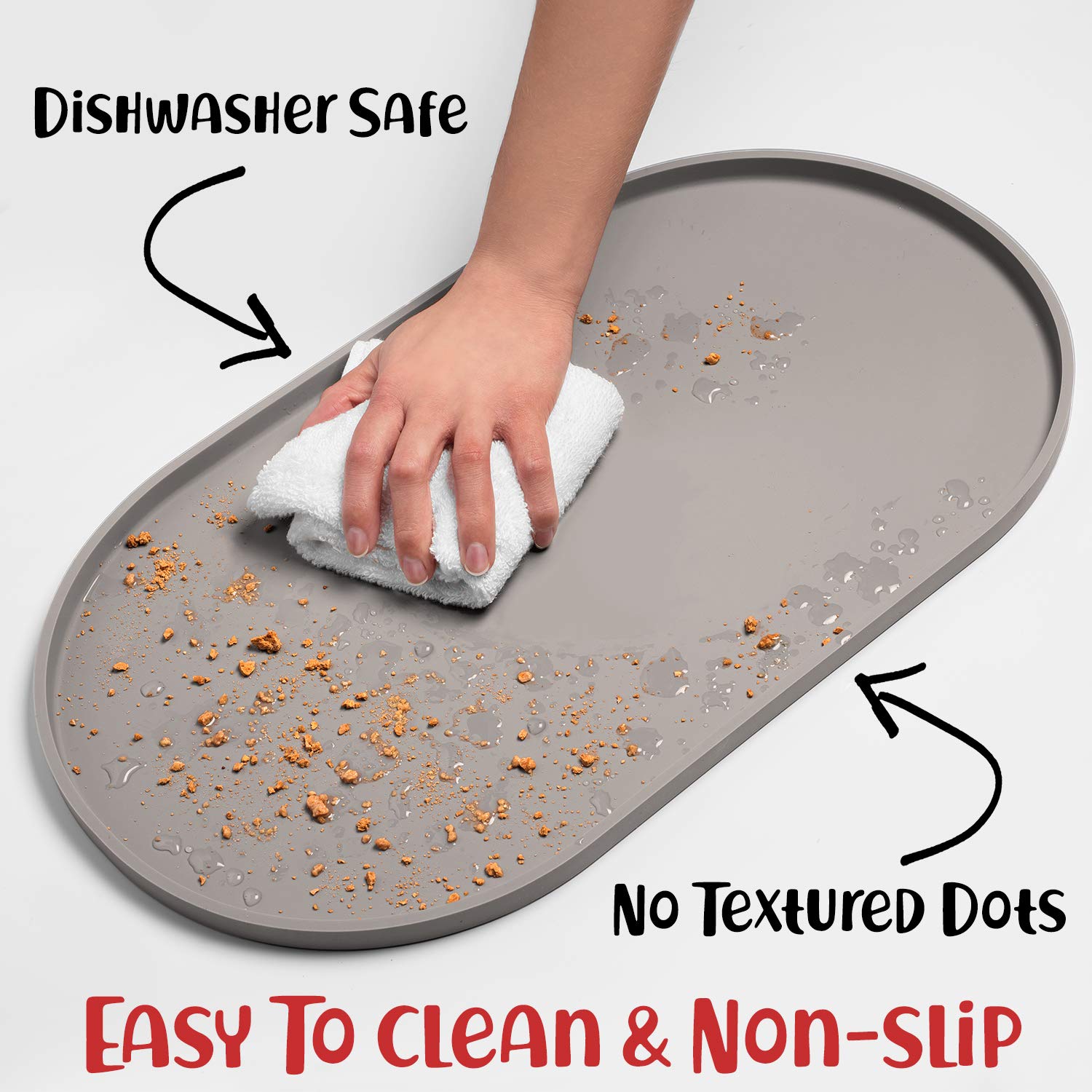 DogBuddy dog food mat on kitchen floor under bowls protects flooring.