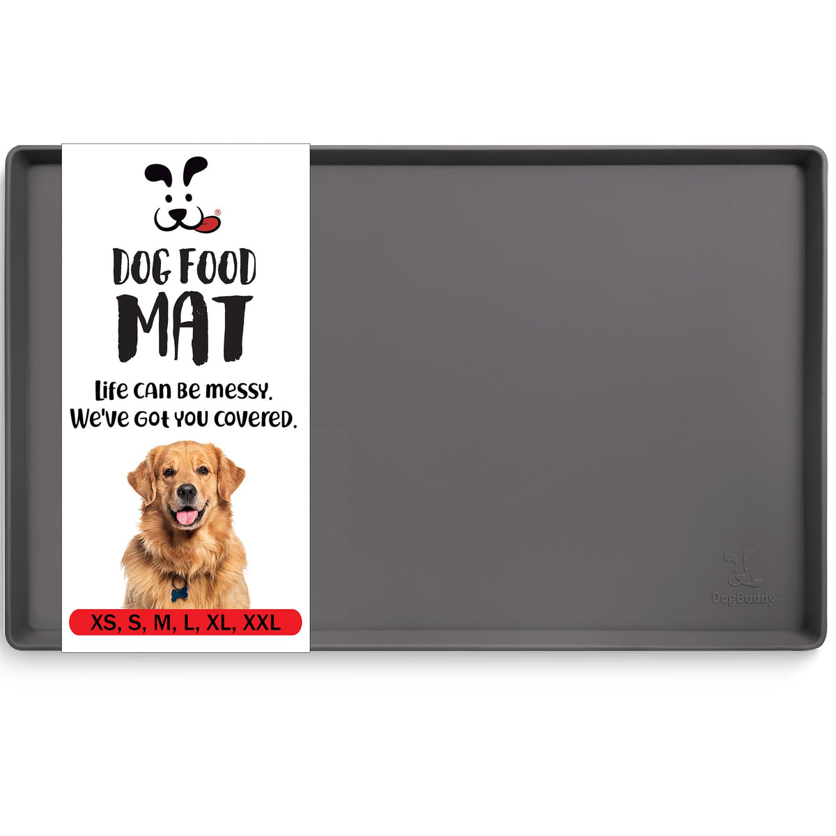 DogBuddy dog food mat front view showing spill-resistant edge and clean floors.