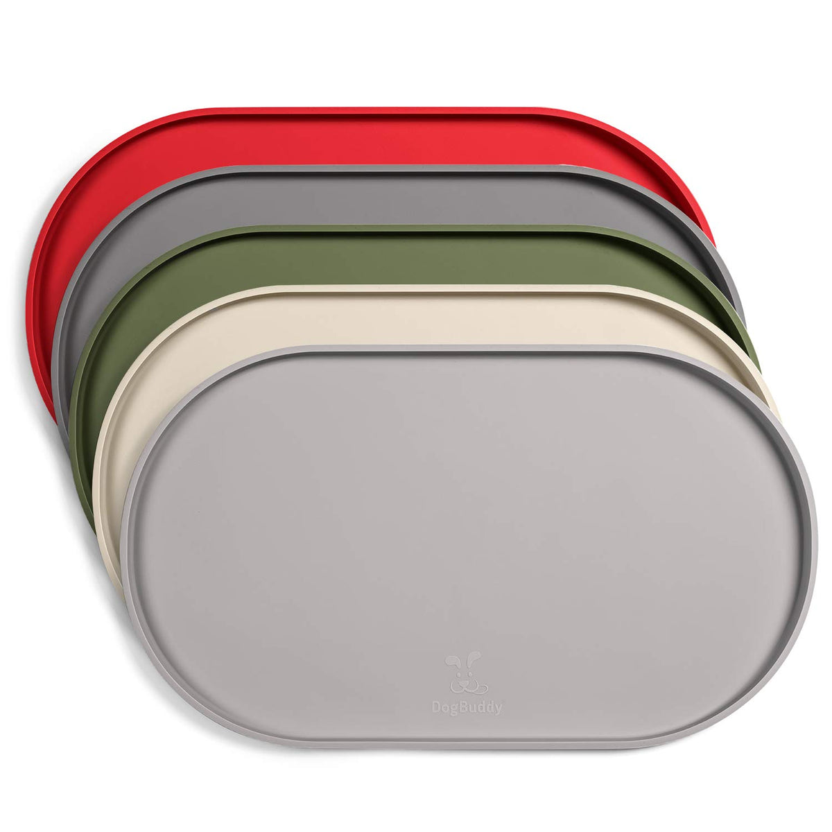 DogBuddy dog food mat in dove color catches spills and protects floors.