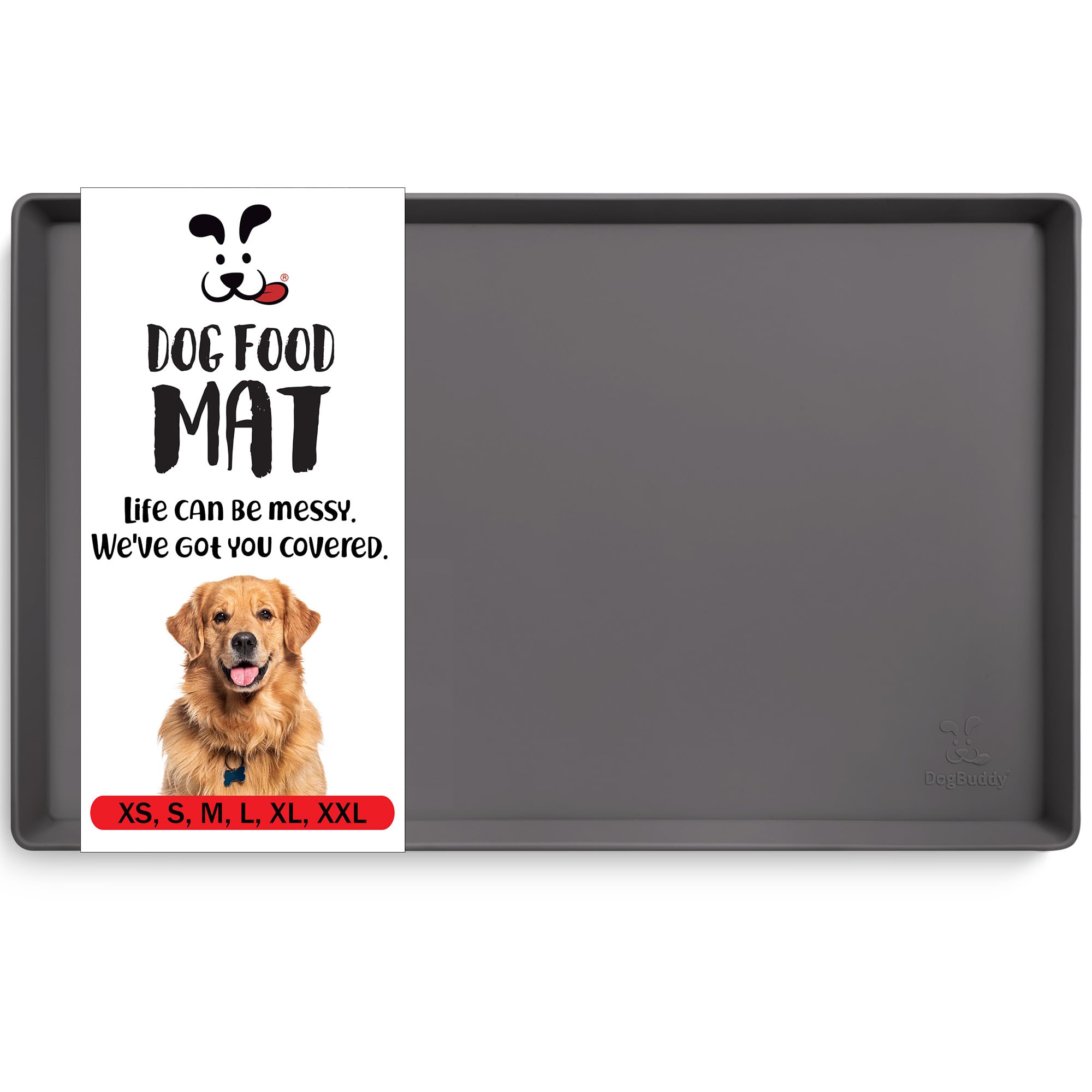 DogBuddy dog food mat waterproof XL 28x18 keeps spills on the mat.