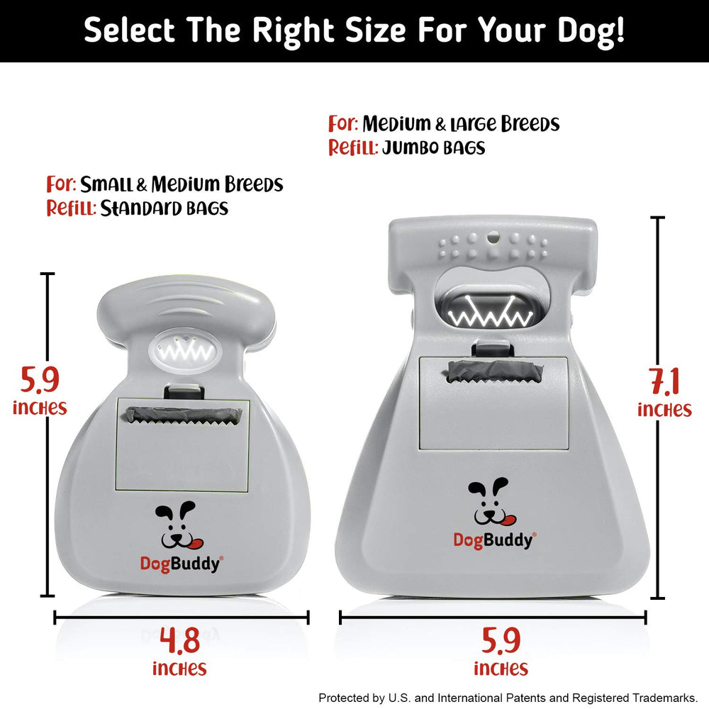 DogBuddy Pooper Scooper showing built-in bag attachment for easy waste disposal.