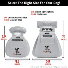 DogBuddy Pooper Scooper showing built-in bag attachment for easy waste disposal.