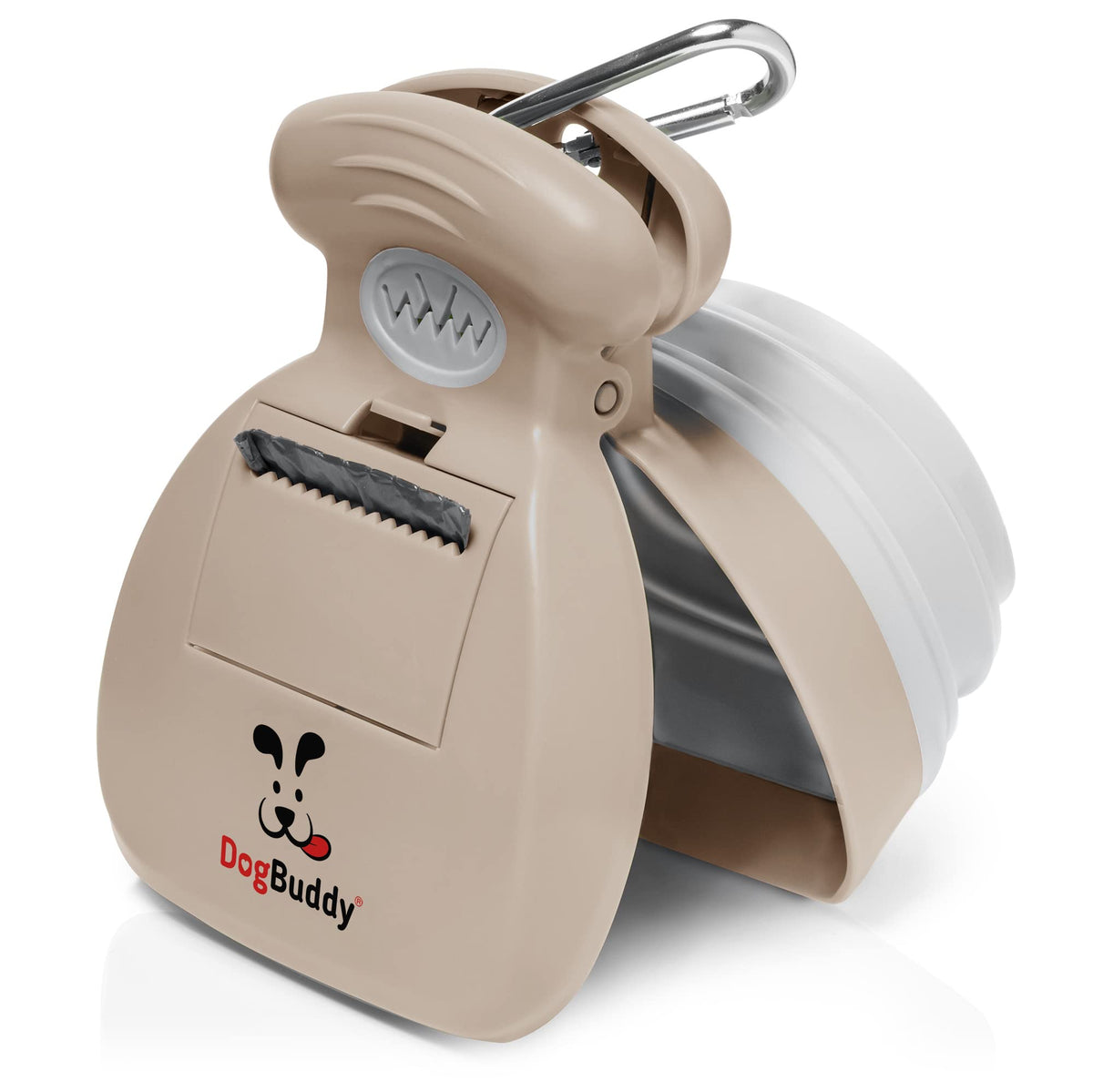 DogBuddy pooper scooper in taupe with bag attachment for quick cleanup.