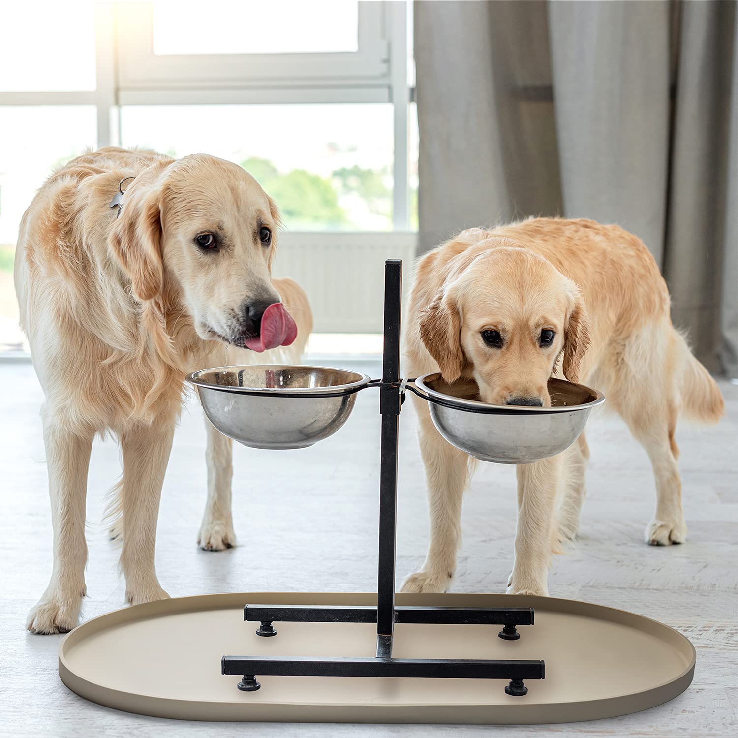 DogBuddy mat under bowls during feeding keeps floors tidy.