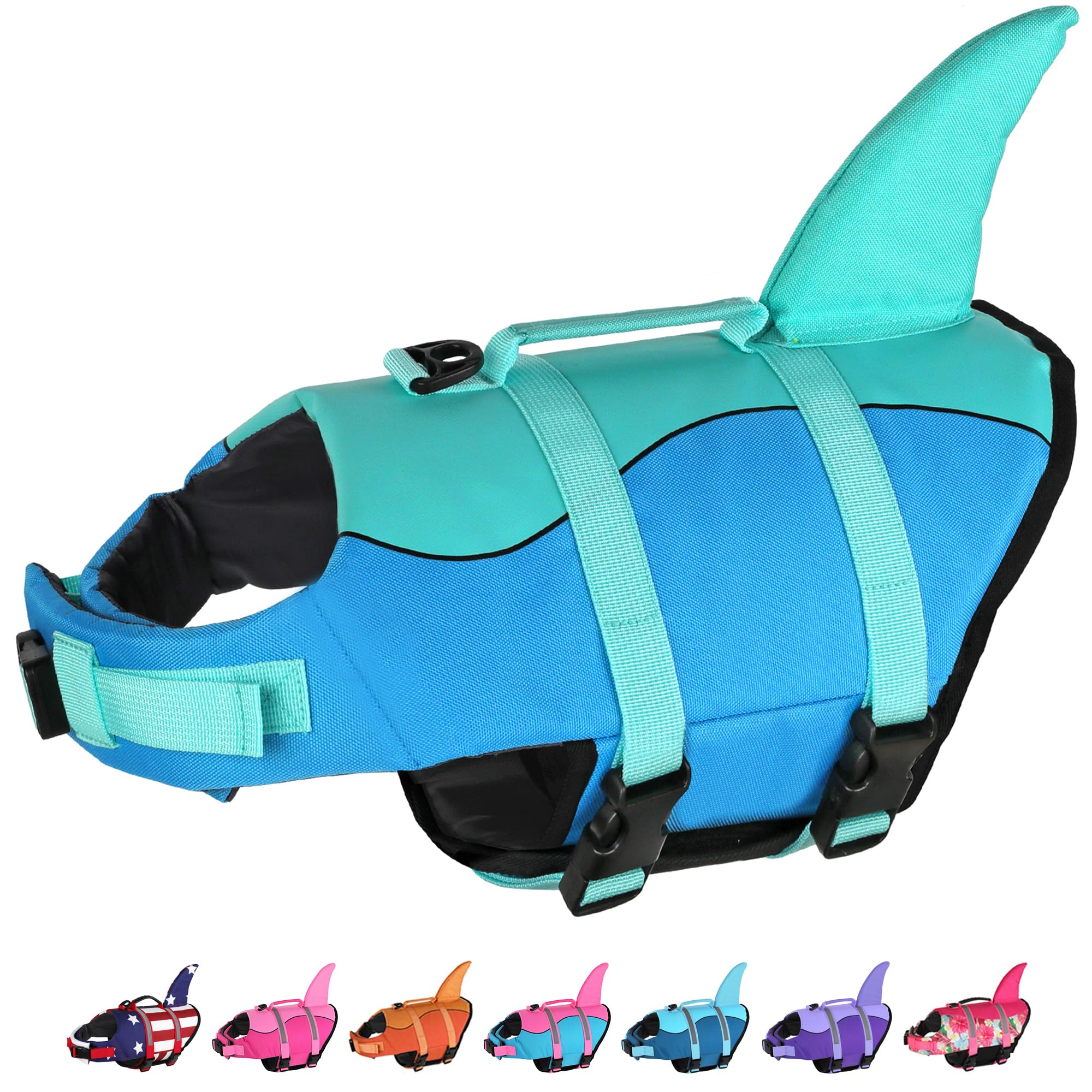 Dogcheer life jacket front view with shark fin for playful safety on the water