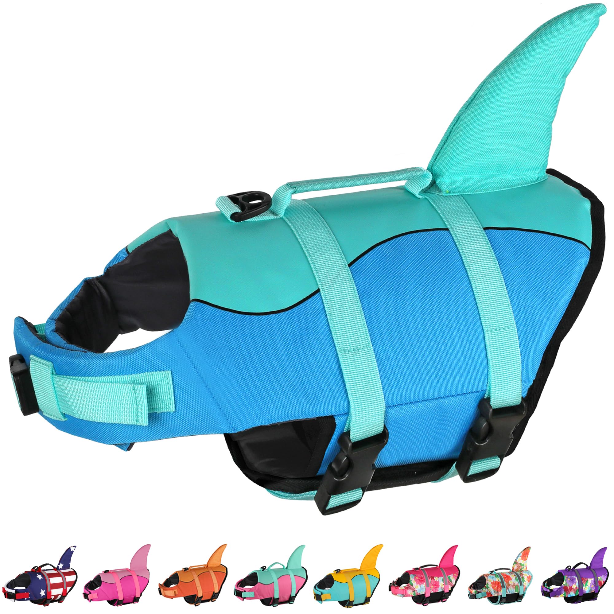 Dogcheer Dog Life Jacket, front view with shark fin for visibility and buoyancy.