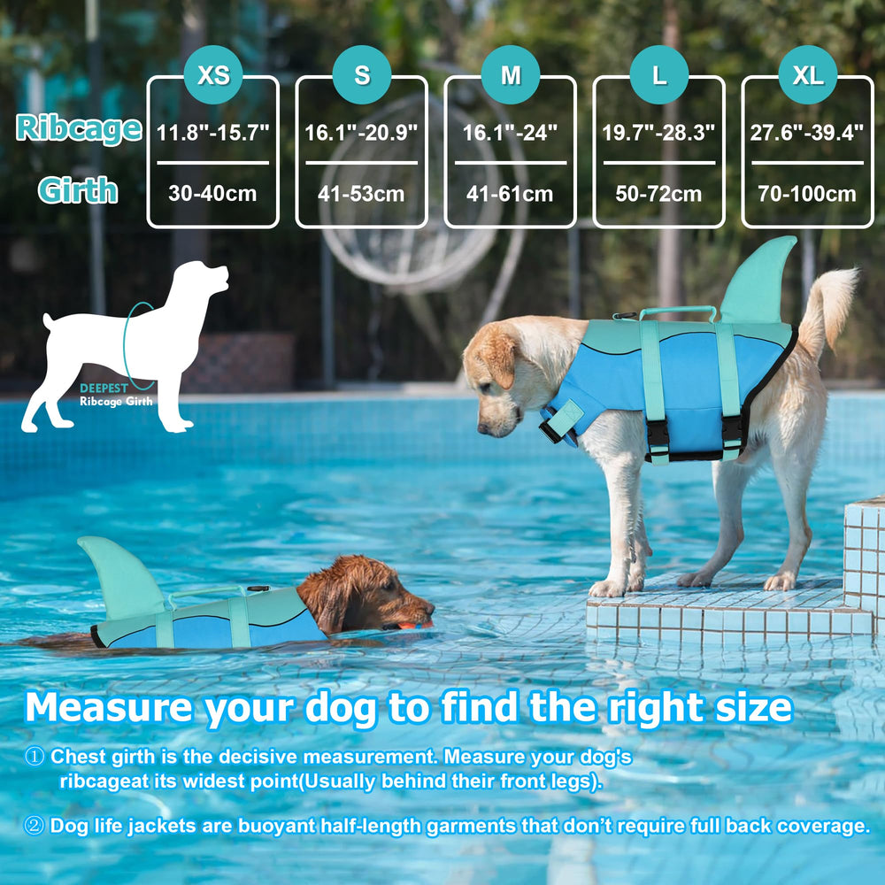 Dogcheer Dog Life Jacket, side view with shark fin, aids buoyant flotation.