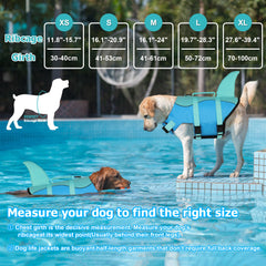 Dogcheer Dog Life Jacket, side view with shark fin, aids buoyant flotation.