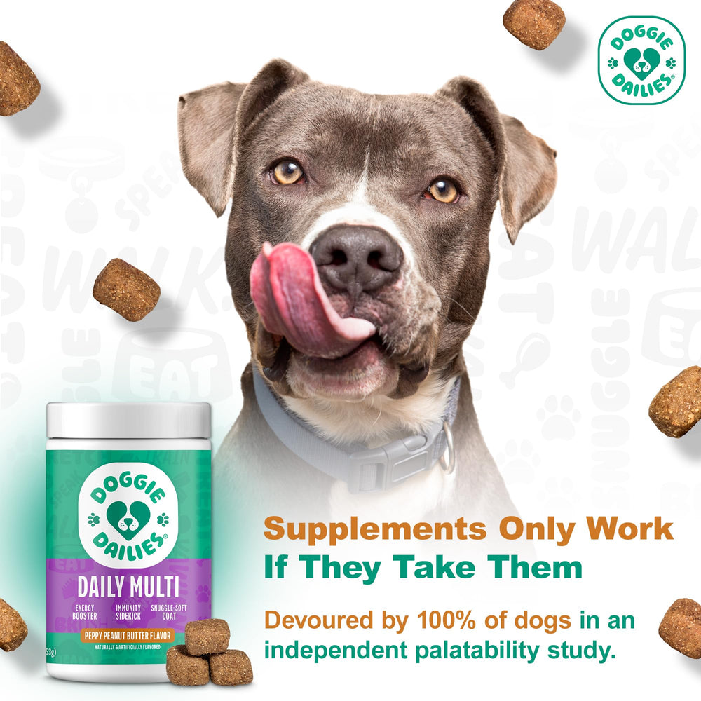 Doggie Dailies 5-in-1 bottle highlights joint, coat, digestion, and immune support.