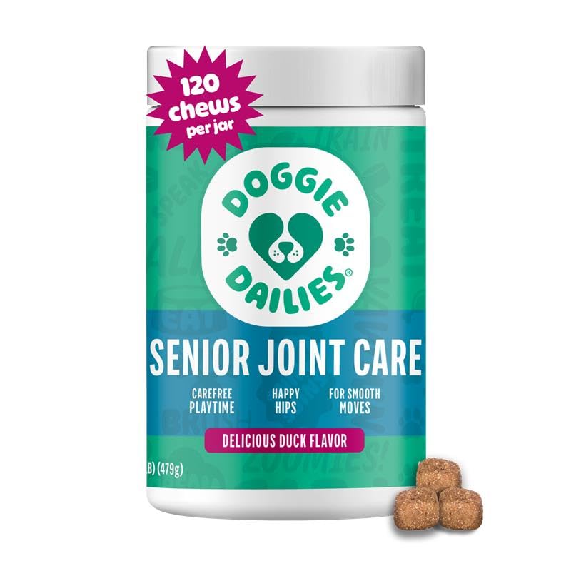 Doggie Dailies duck hip and joint chews bottle shown for daily joint support