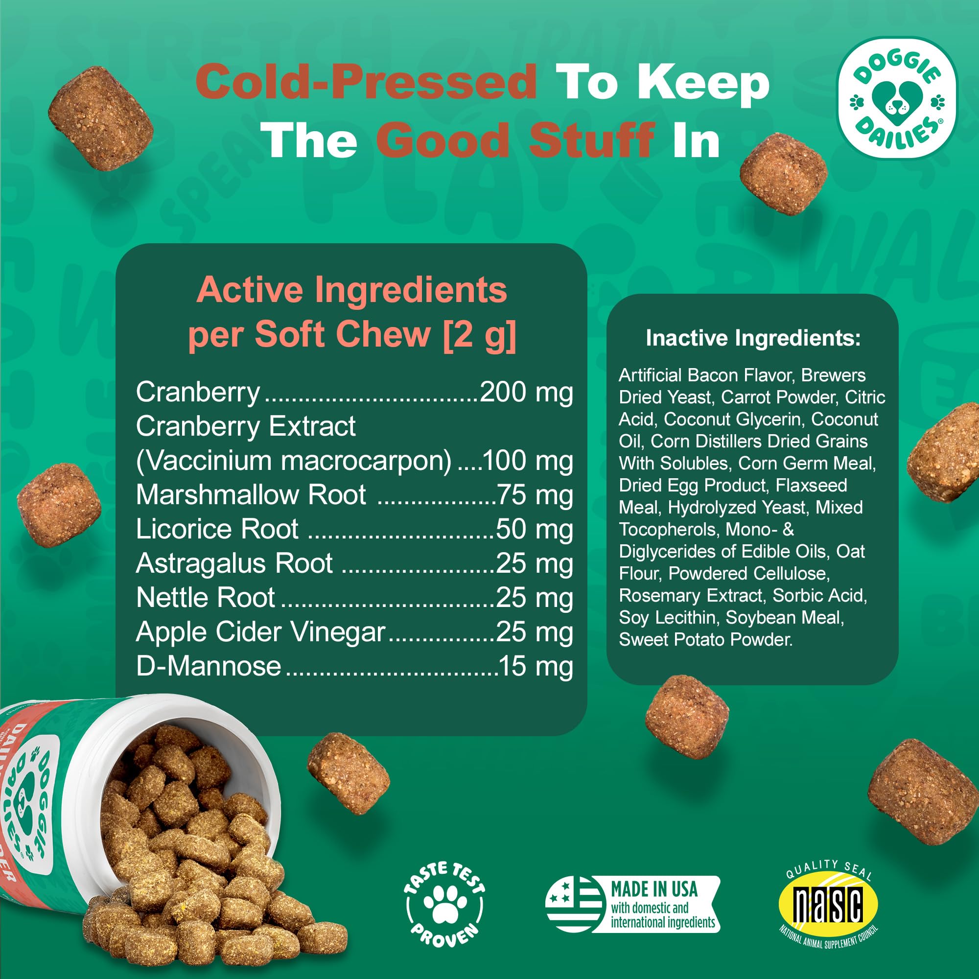 Doggie Dailies cranberry content visual highlighting dual cranberry sources for urinary health