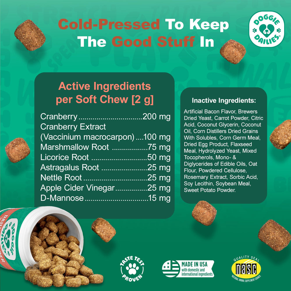 Doggie Dailies cranberry content visual highlighting dual cranberry sources for urinary health