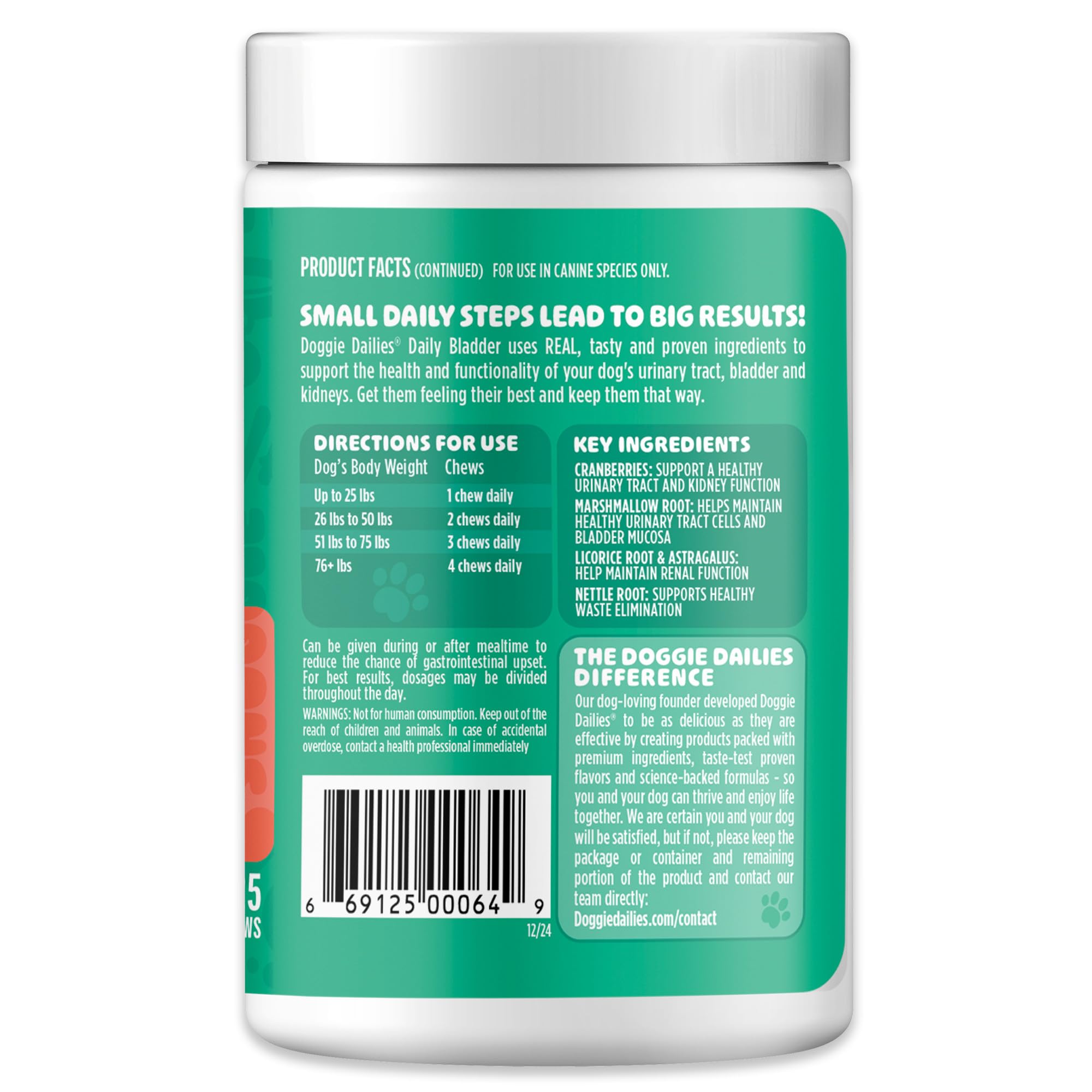 Doggie Dailies bottle label highlights cranberry blend and kidney support