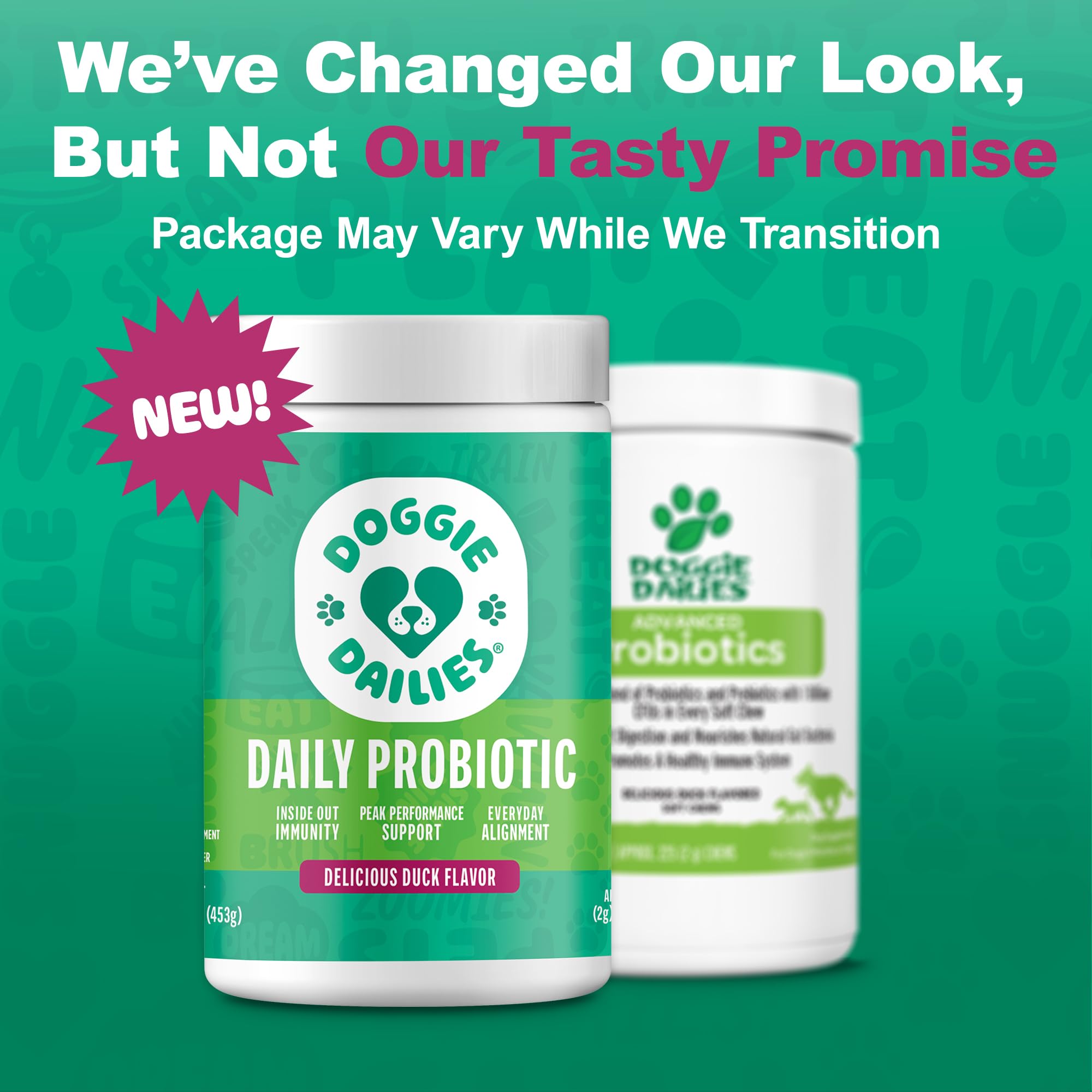Dog relaxing with a chew near the mouthful of Doggie Dailies probiotic treats