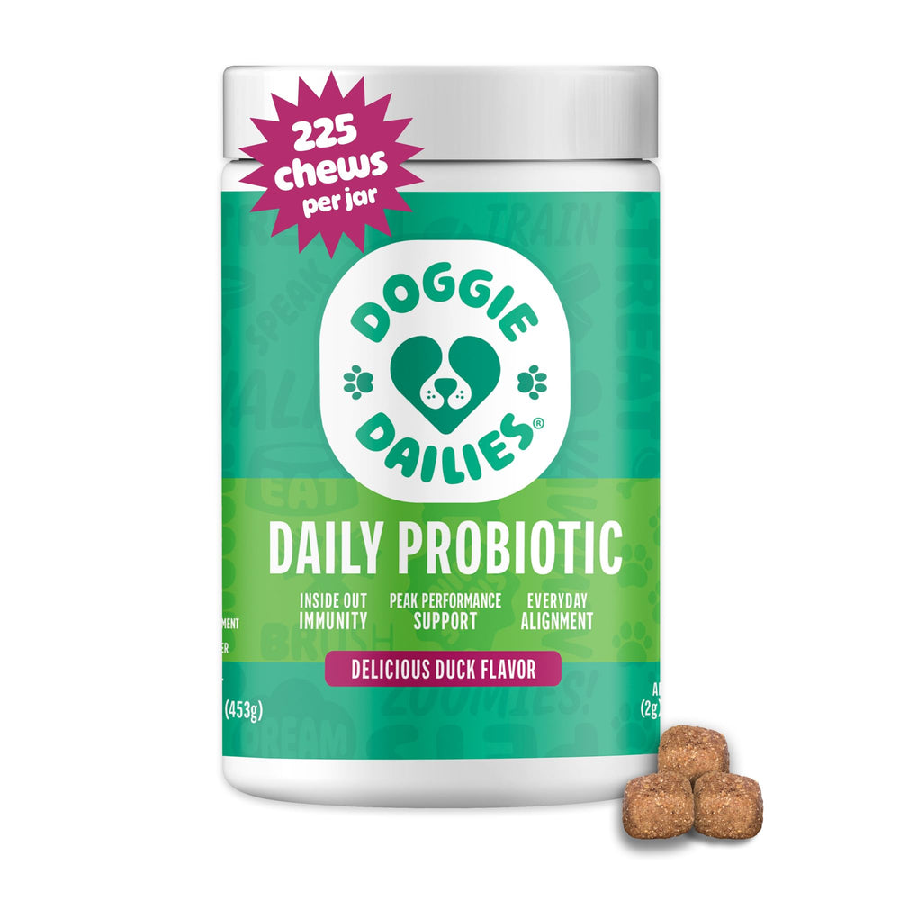 Doggie Dailies Probiotics bottle with duck-flavored soft chews for digestion and immune health
