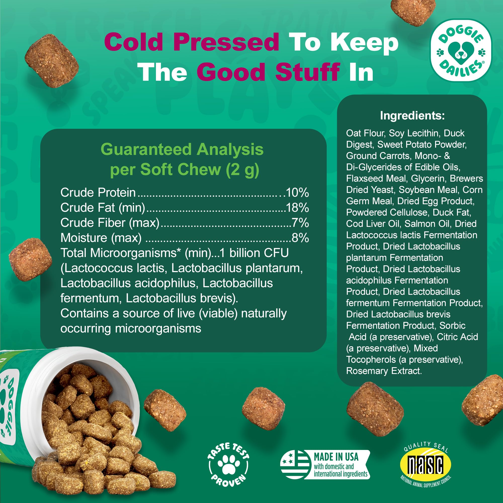 Close-up of duck-flavored soft chews by Doggie Dailies for gut flora balance