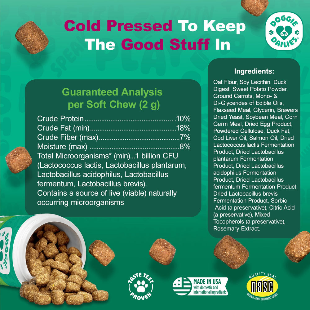 Close-up of duck-flavored soft chews by Doggie Dailies for gut flora balance