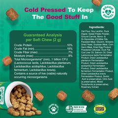 Close-up of duck-flavored soft chews by Doggie Dailies for gut flora balance