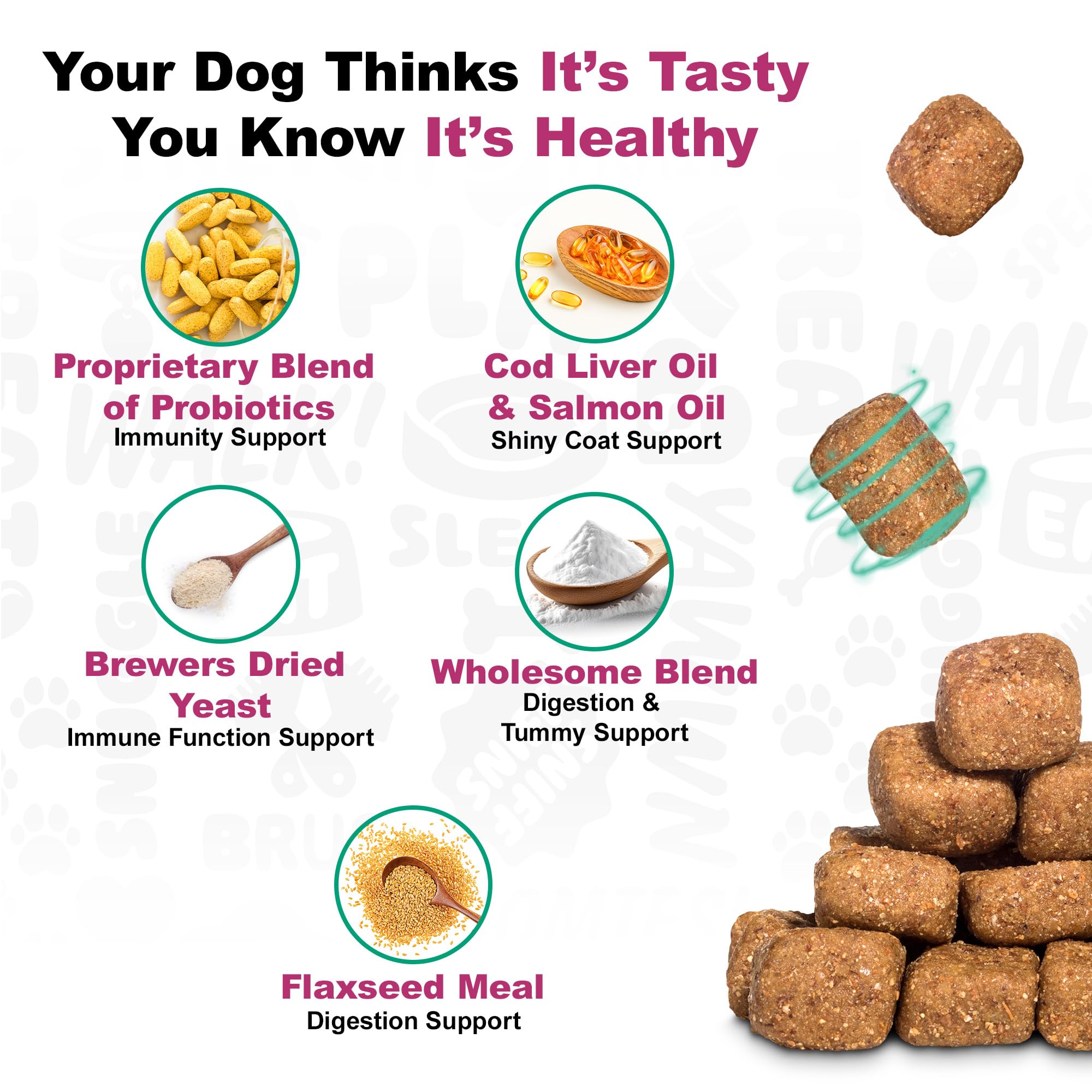 Soft chews from Doggie Dailies being poured into a dog's feeding bowl