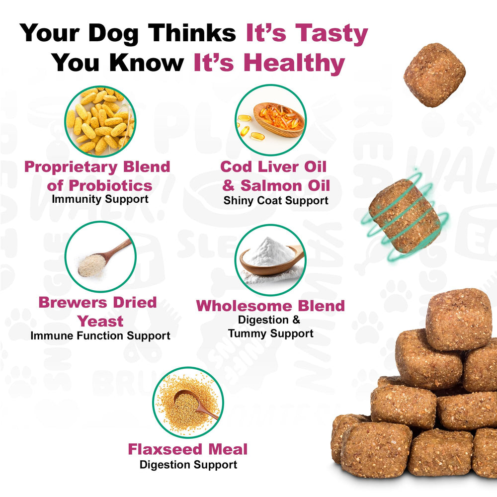 Soft chews from Doggie Dailies being poured into a dog's feeding bowl